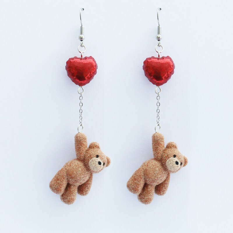 Teddy Bear Holding Heart Balloon Earrings - Miniature Jewelry - Valentine Gift Ideas - Valentine's Day Gift For Girlfriend Wife Fiance Her